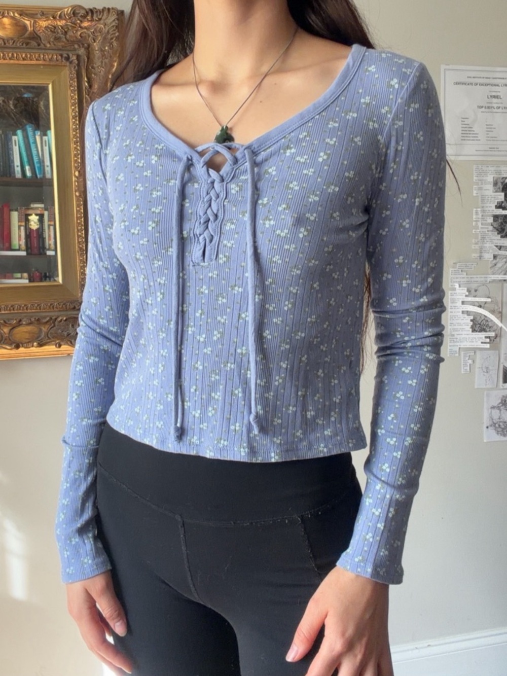Lucky Brand Blue Floral Ribbed Knit Lace-Up Top